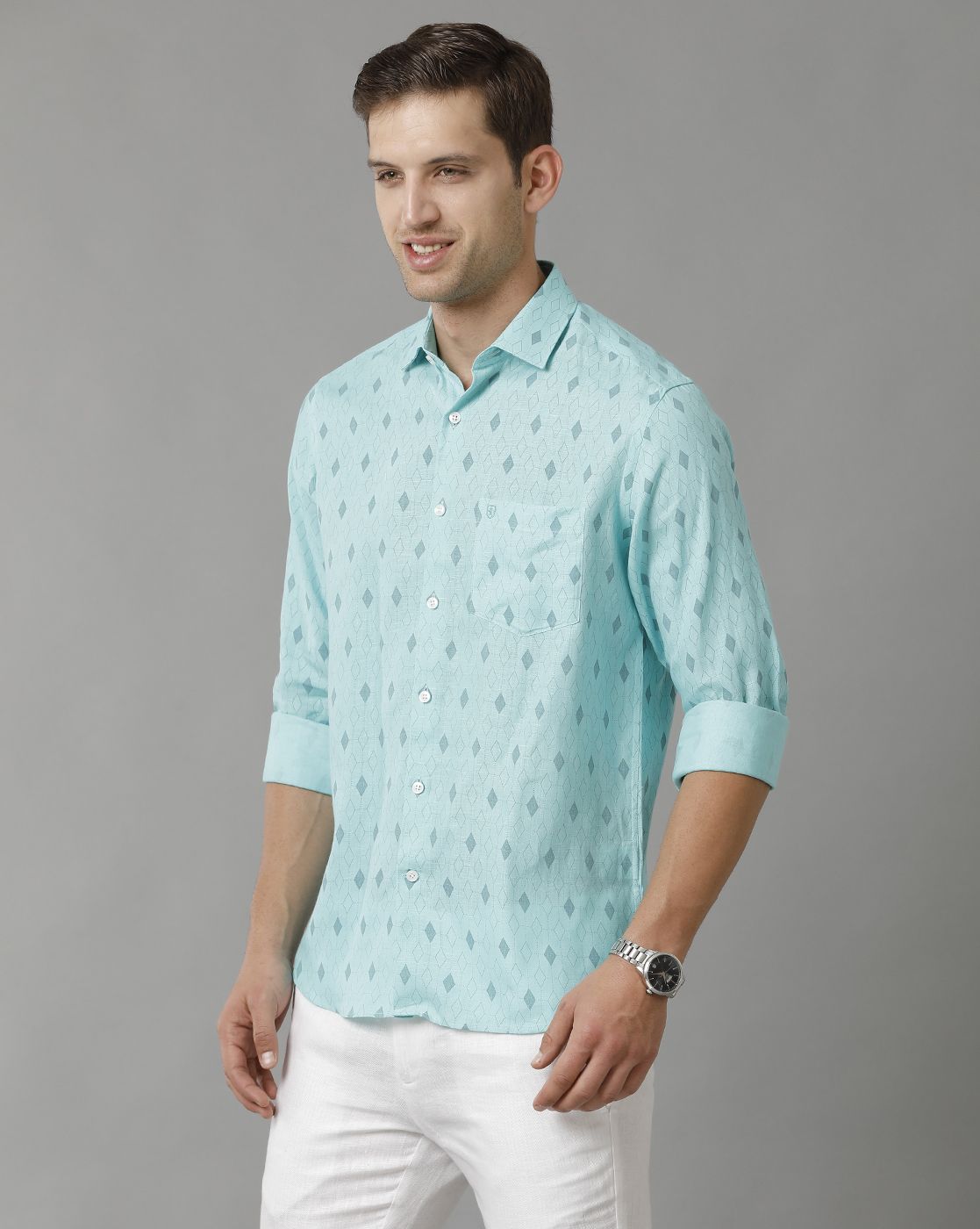 Men's Pure Linen Turquoise Blue Printed Contemporary Fit Full Sleeve Sleeve Casual Shirt