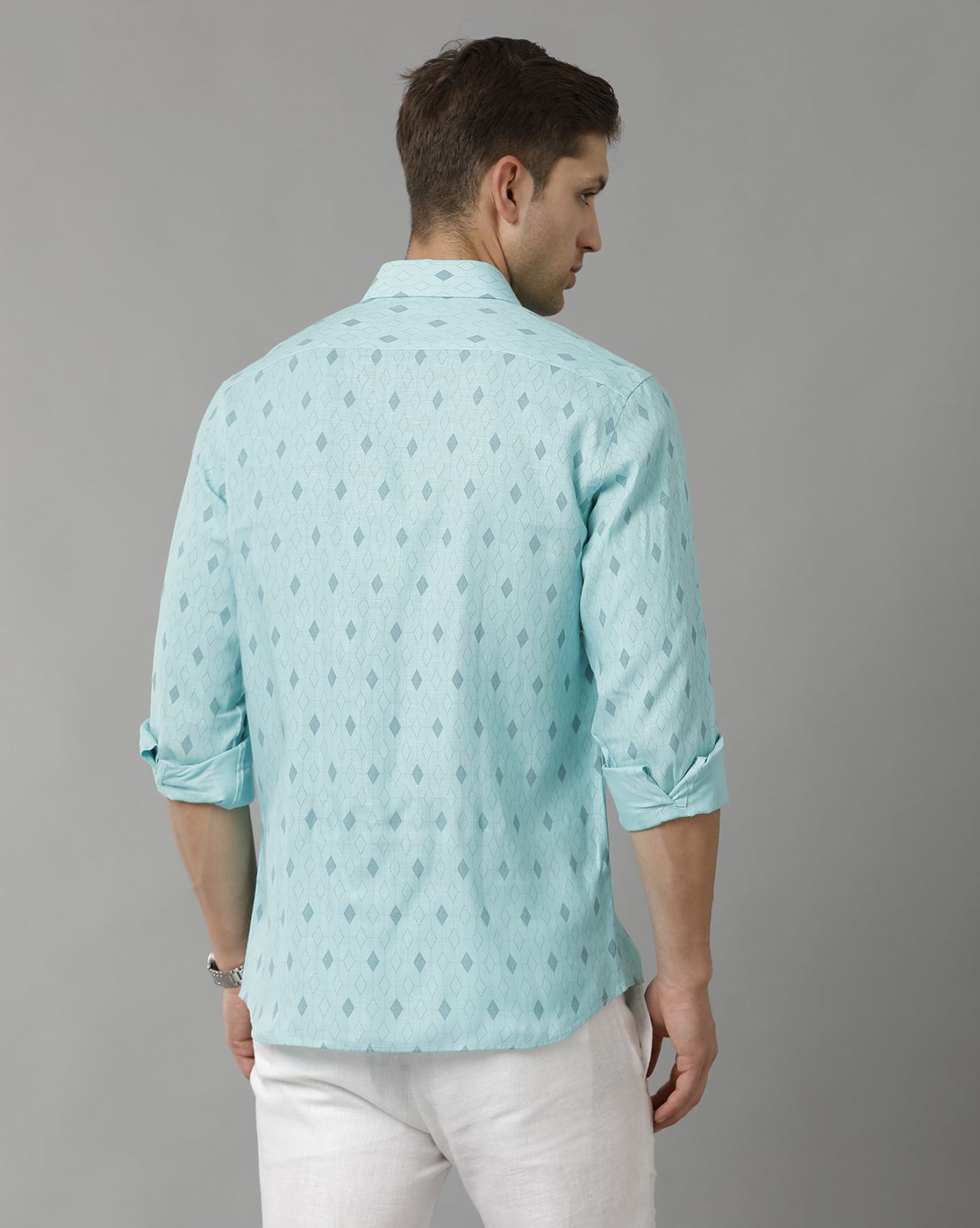 Men's Pure Linen Turquoise Blue Printed Contemporary Fit Full Sleeve Sleeve Casual Shirt
