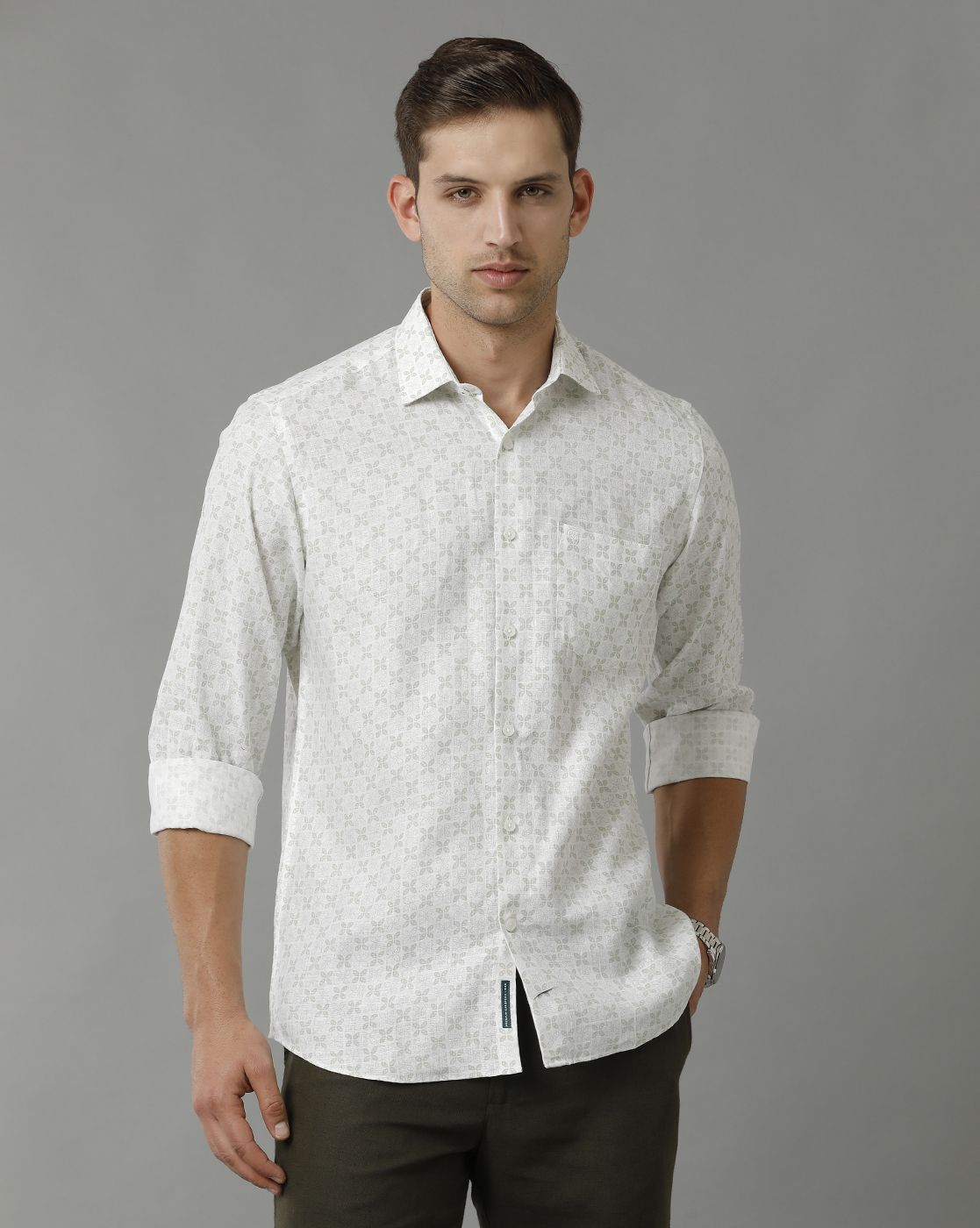Men's Pure Linen Green Printed Contemporary Fit Full Sleeve Sleeve Casual Shirt