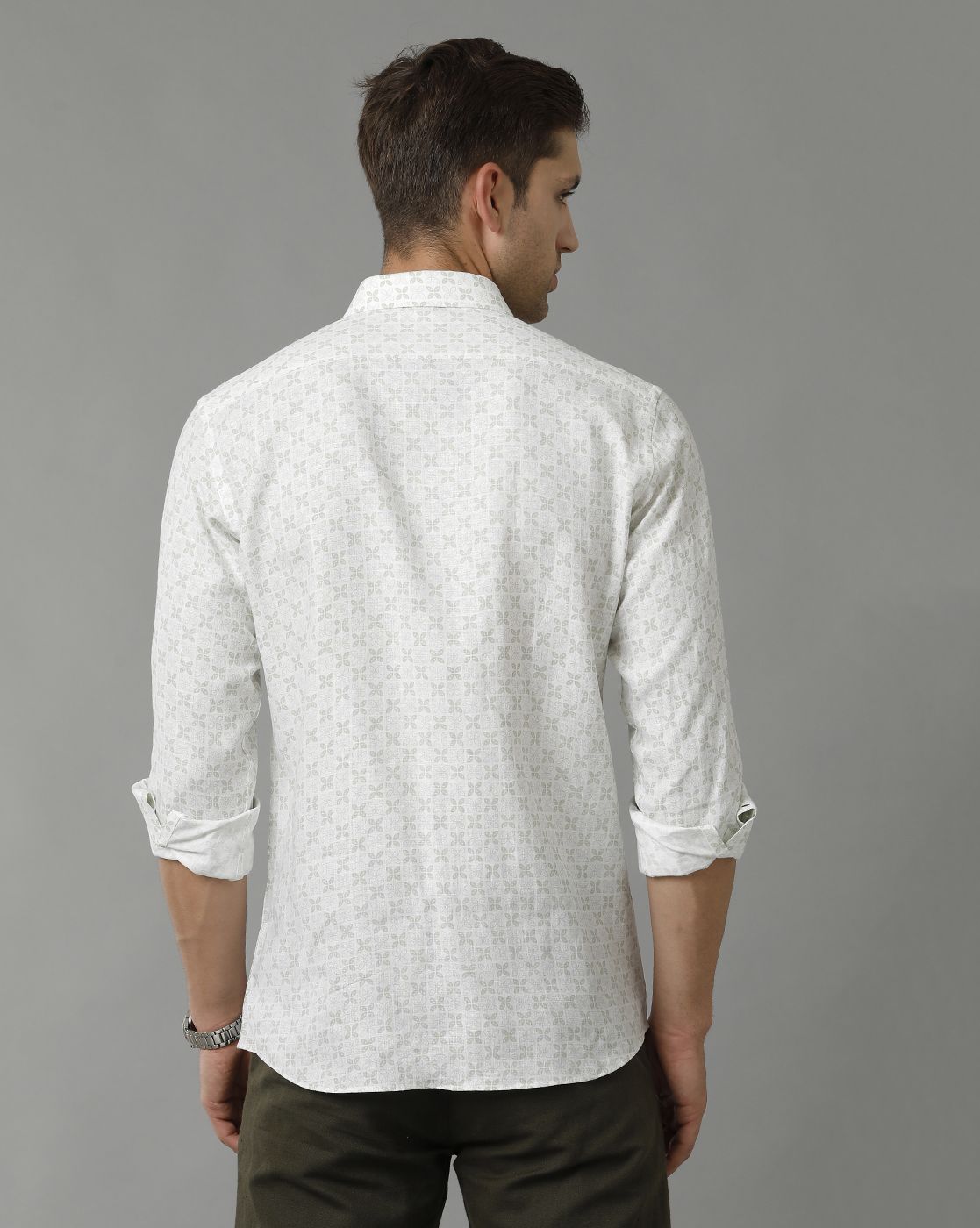 Men's Pure Linen Green Printed Contemporary Fit Full Sleeve Sleeve Casual Shirt