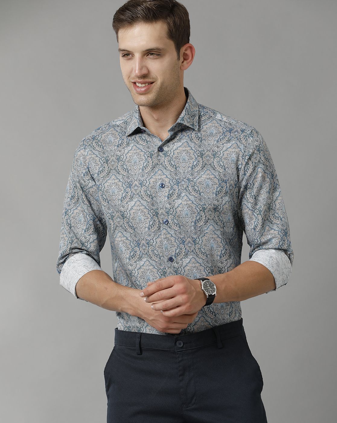 Men's Linen Rich Blue Printed Contemporary Fit Full Sleeve Sleeve Casual Shirt