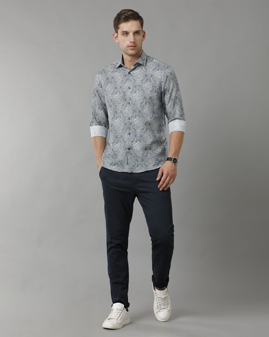 Men's Linen Rich Blue Printed Contemporary Fit Full Sleeve Sleeve Casual Shirt