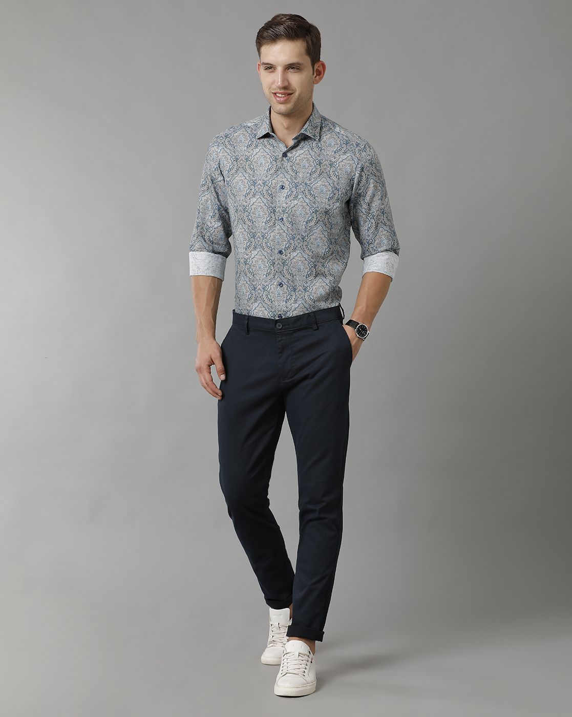 Men's Linen Rich Blue Printed Contemporary Fit Full Sleeve Sleeve Casual Shirt