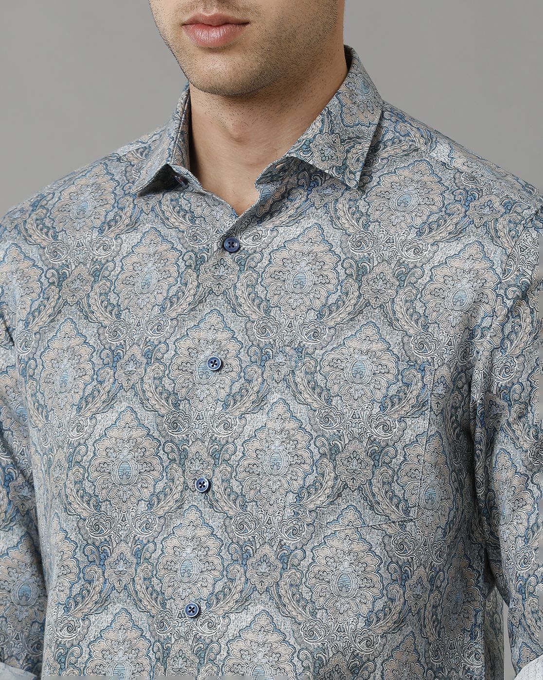 Men's Linen Rich Blue Printed Contemporary Fit Full Sleeve Sleeve Casual Shirt