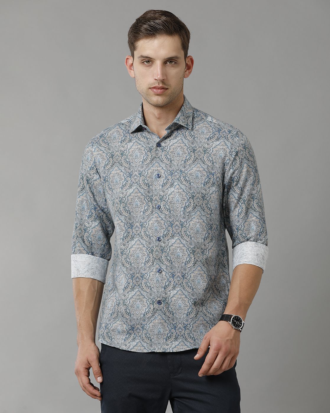 Men's Linen Rich Blue Printed Contemporary Fit Full Sleeve Sleeve Casual Shirt