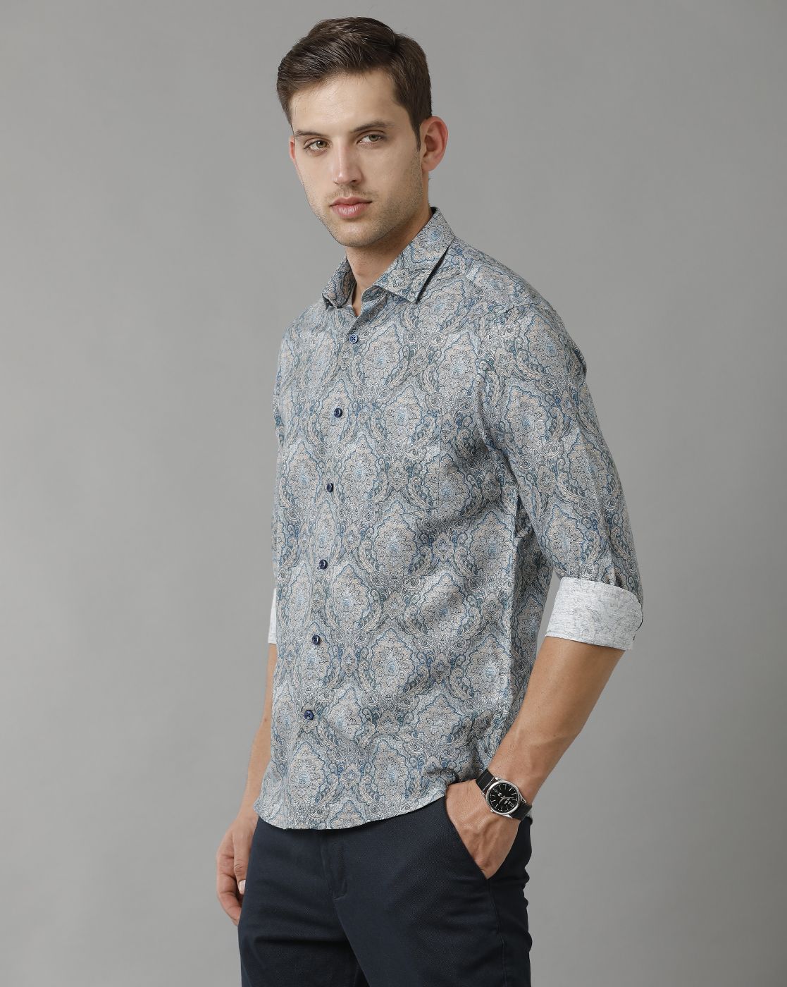 Men's Linen Rich Blue Printed Contemporary Fit Full Sleeve Sleeve Casual Shirt