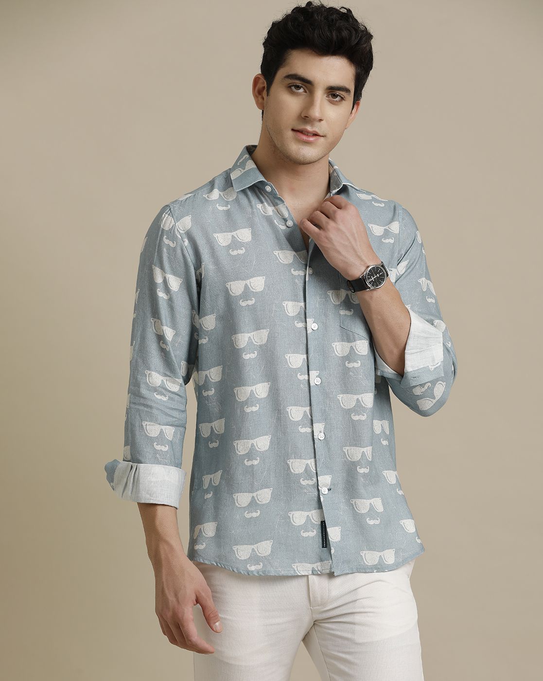 Men's Pure Linen Blue Printed Contemporary Fit Full Sleeve Sleeve Casual Shirt