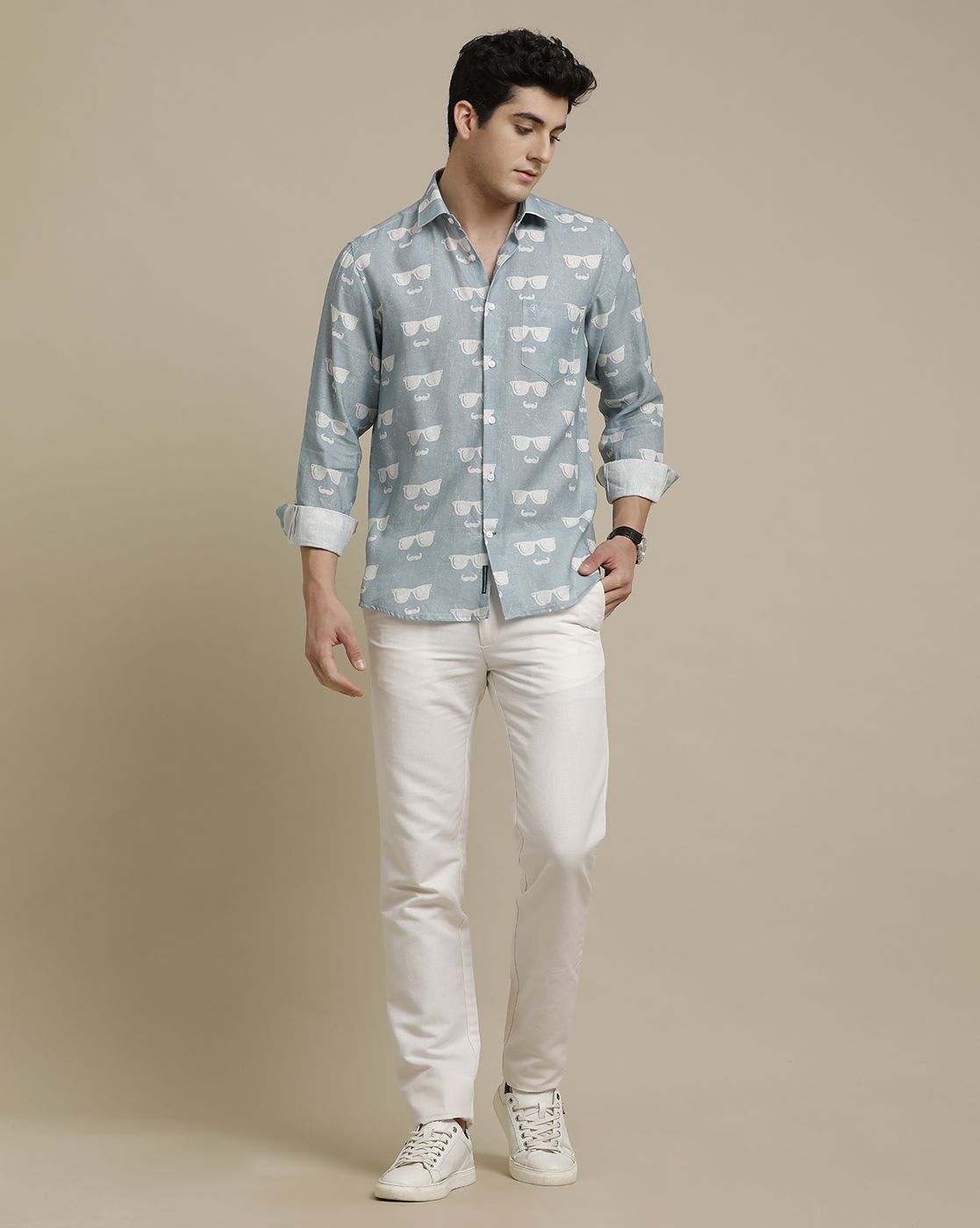 Men's Pure Linen Blue Printed Contemporary Fit Full Sleeve Sleeve Casual Shirt