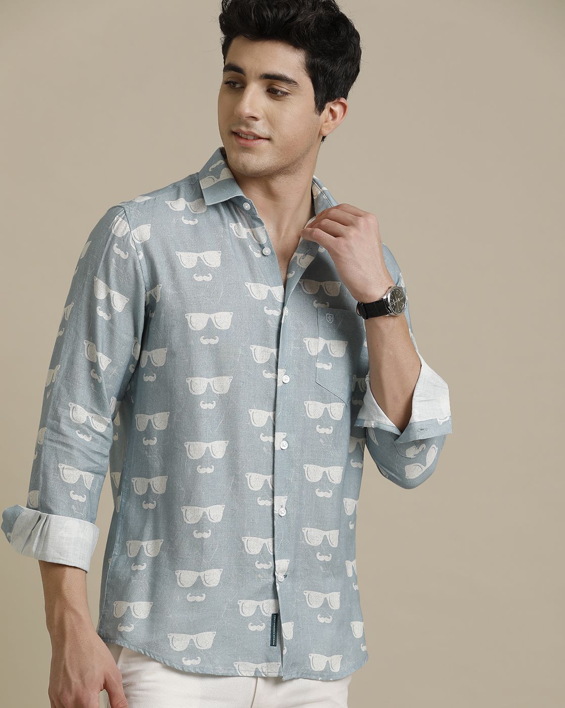 Men's Pure Linen Blue Printed Contemporary Fit Full Sleeve Sleeve Casual Shirt