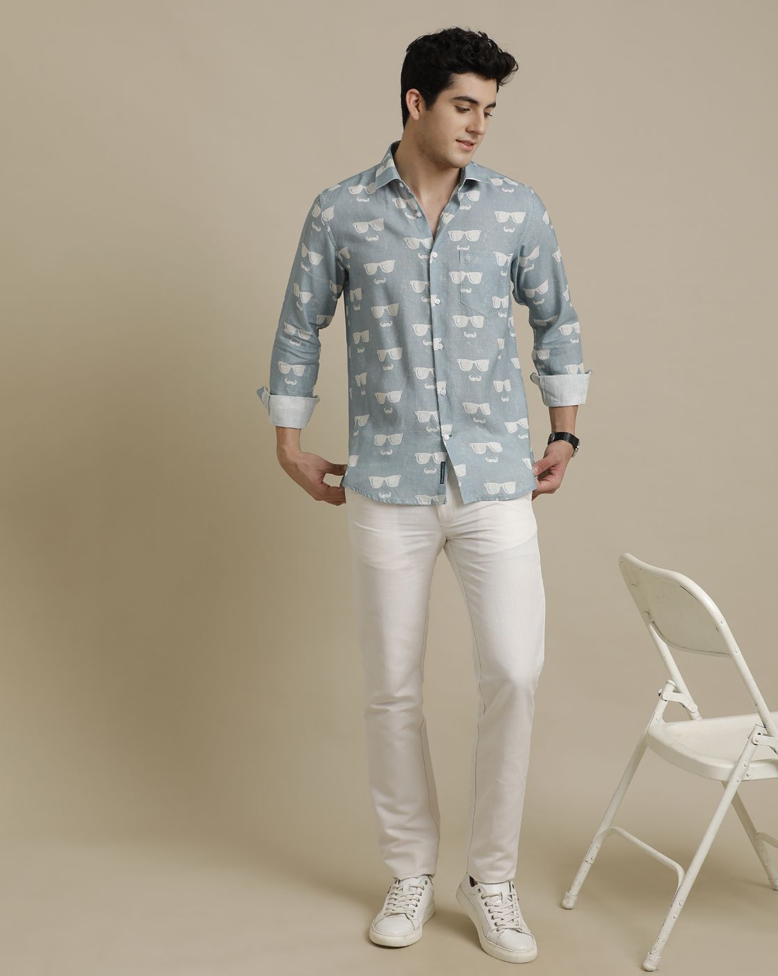 Men's Pure Linen Blue Printed Contemporary Fit Full Sleeve Sleeve Casual Shirt