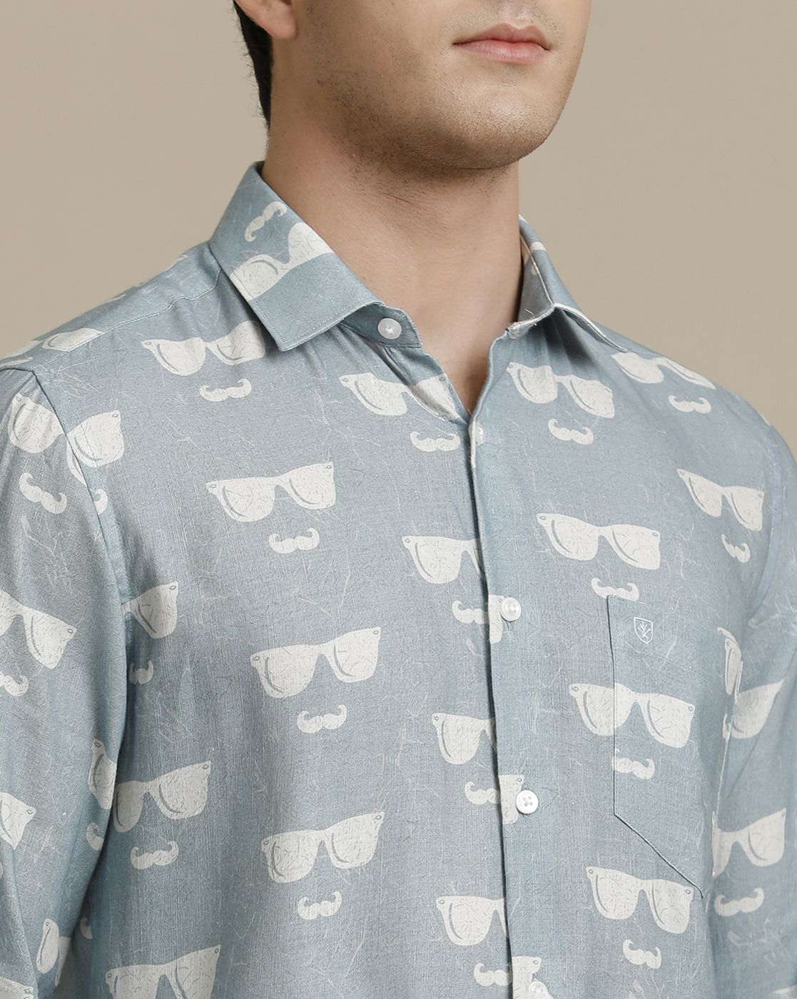 Men's Pure Linen Blue Printed Contemporary Fit Full Sleeve Sleeve Casual Shirt