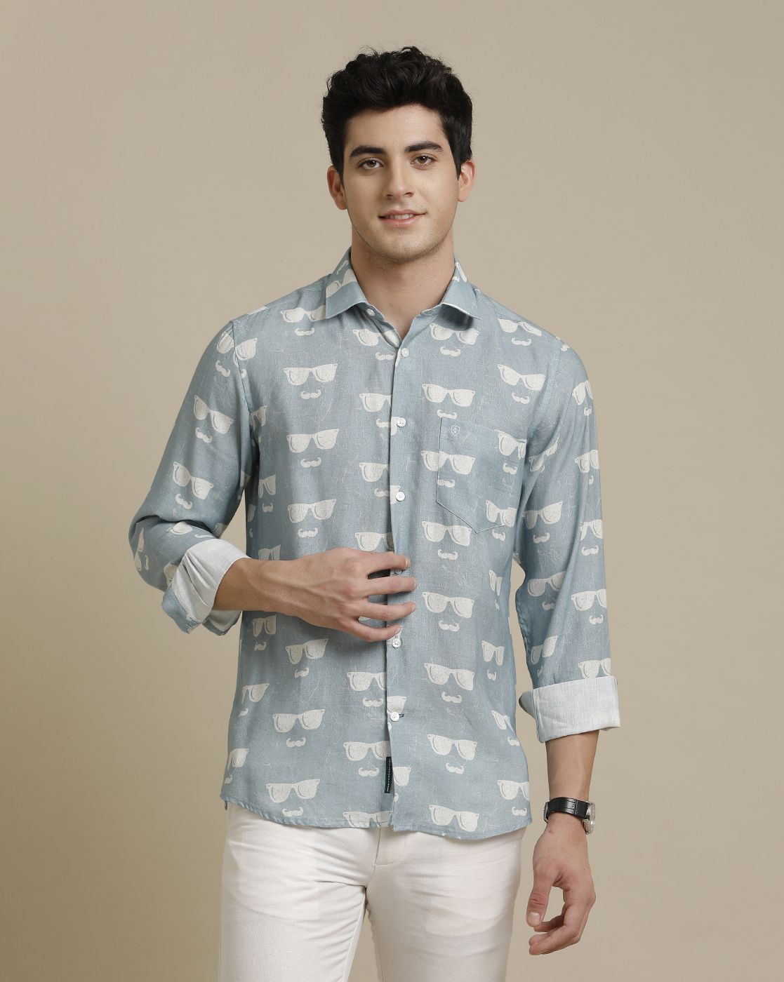 Men's Pure Linen Blue Printed Contemporary Fit Full Sleeve Sleeve Casual Shirt