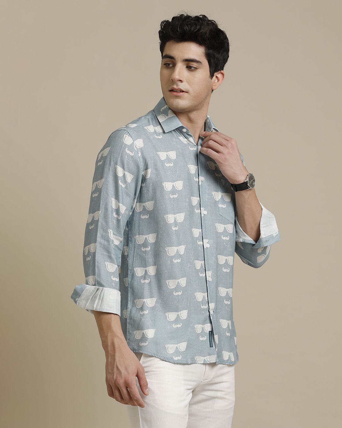 Men's Pure Linen Blue Printed Contemporary Fit Full Sleeve Sleeve Casual Shirt