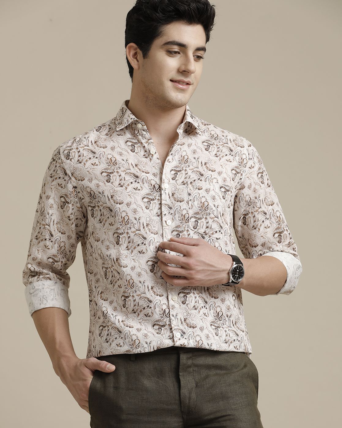 Men's Pure Linen Multicolor Printed Contemporary Fit Full Sleeve Sleeve Casual Shirt