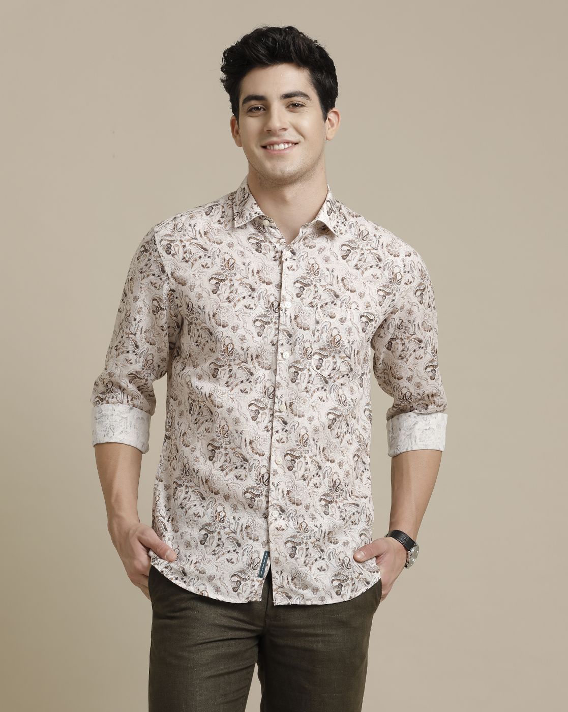 Men's Pure Linen Multicolor Printed Contemporary Fit Full Sleeve Sleeve Casual Shirt