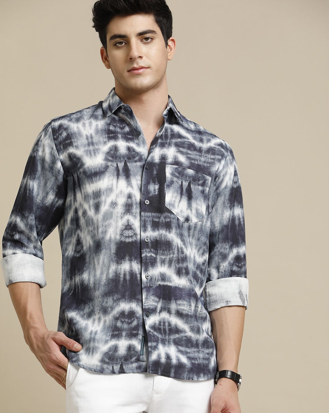 Men's Pure Linen Blue Printed Contemporary Fit Full Sleeve Sleeve Casual Shirt