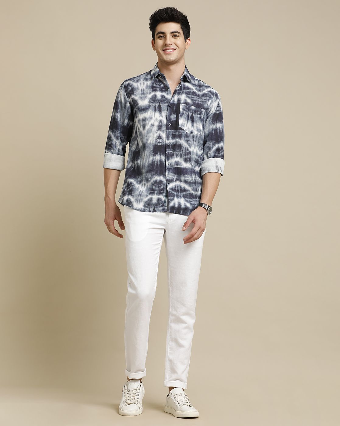 Men's Pure Linen Blue Printed Contemporary Fit Full Sleeve Sleeve Casual Shirt