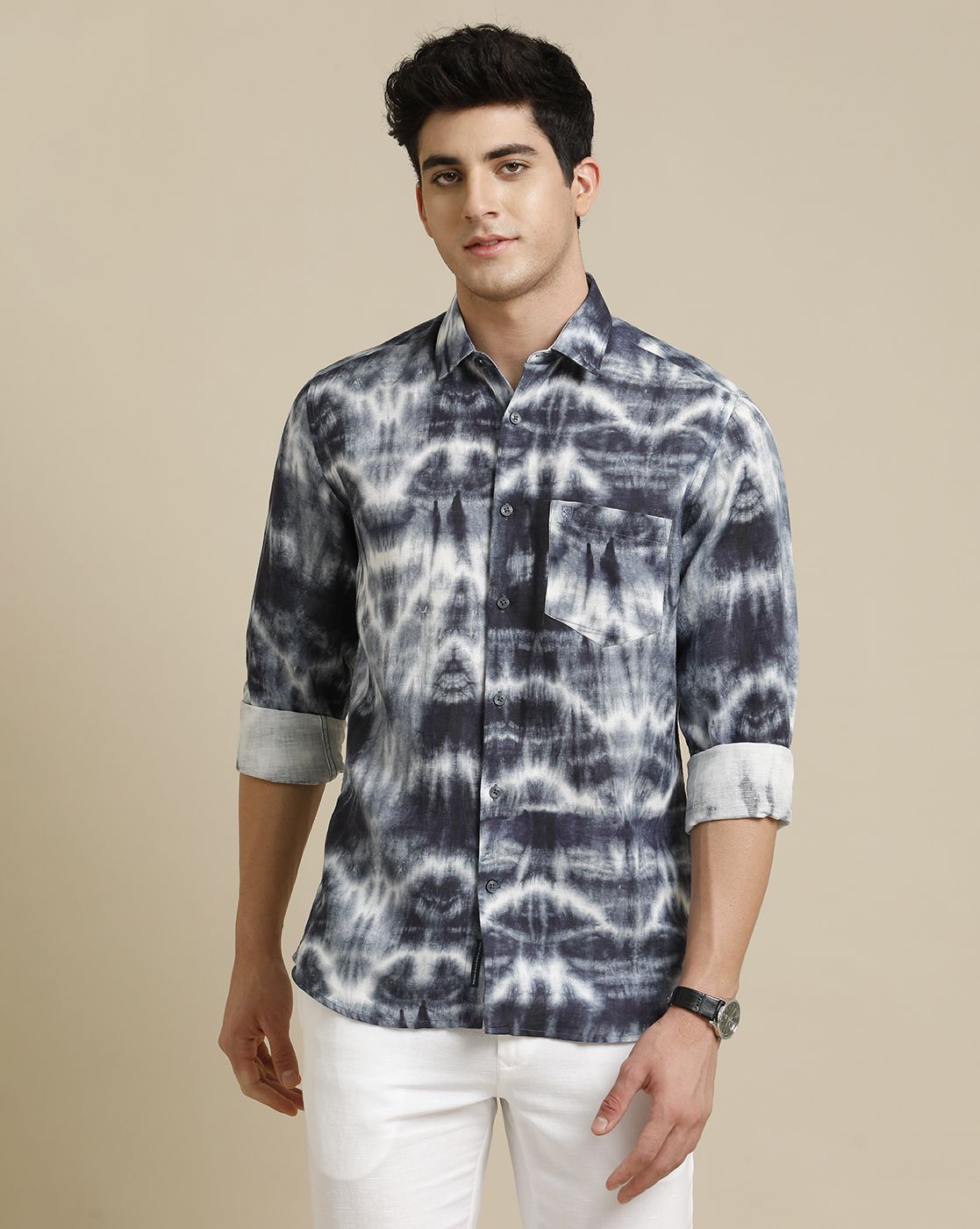 Men's Pure Linen Blue Printed Contemporary Fit Full Sleeve Sleeve Casual Shirt