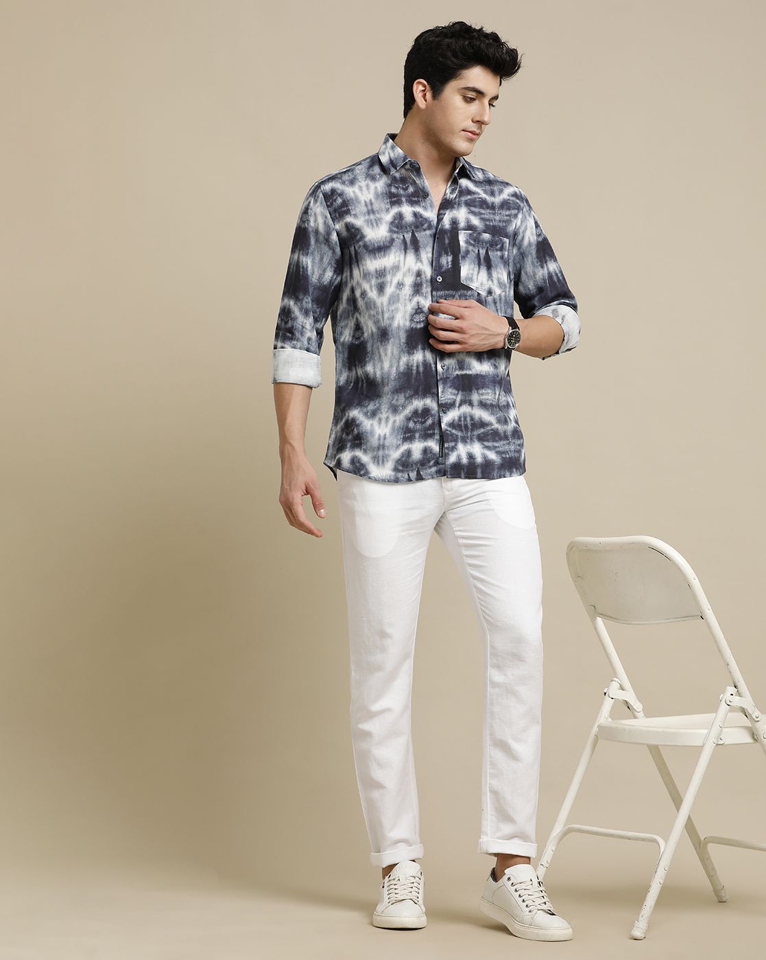 Men's Pure Linen Blue Printed Contemporary Fit Full Sleeve Sleeve Casual Shirt