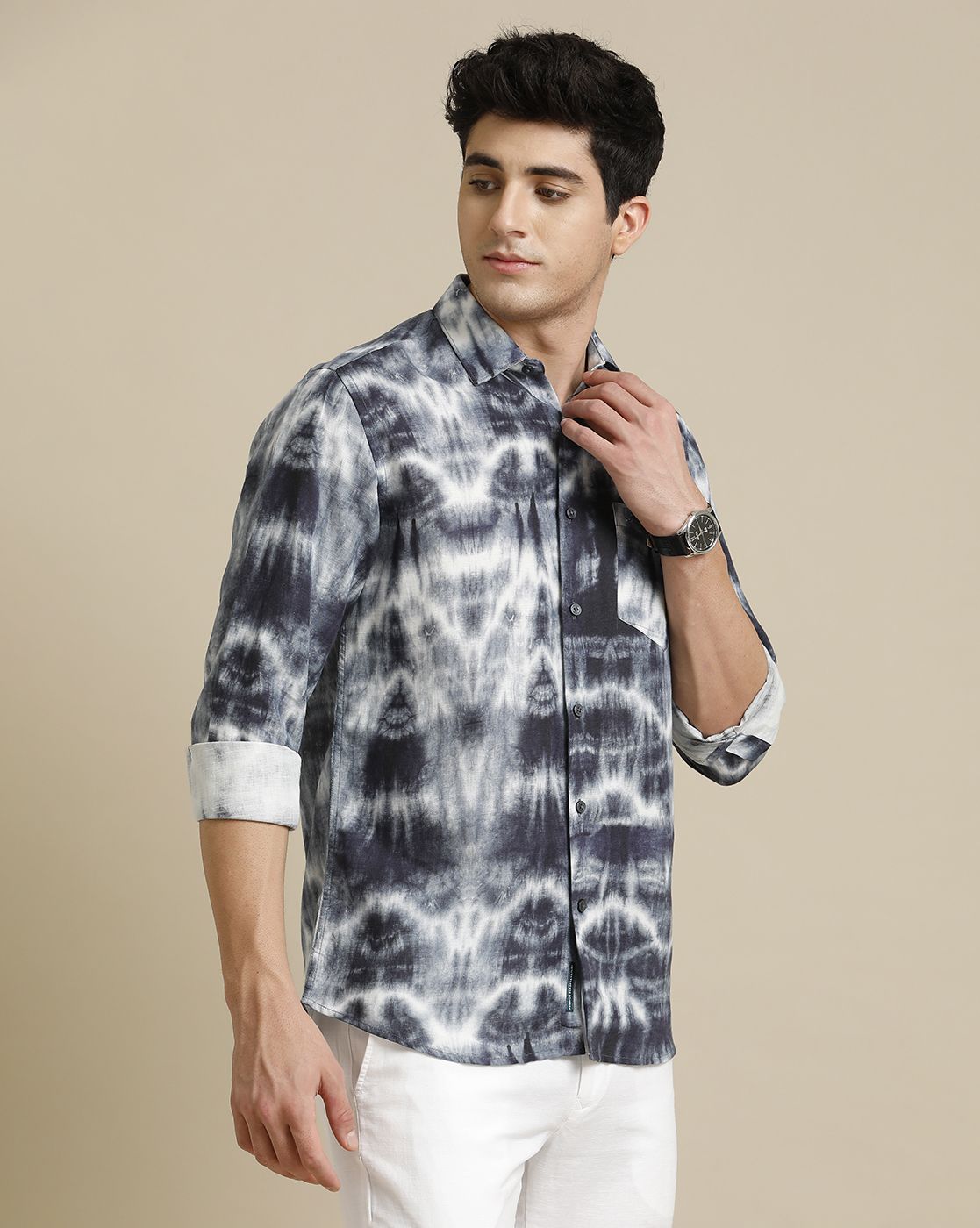 Men's Pure Linen Blue Printed Contemporary Fit Full Sleeve Sleeve Casual Shirt