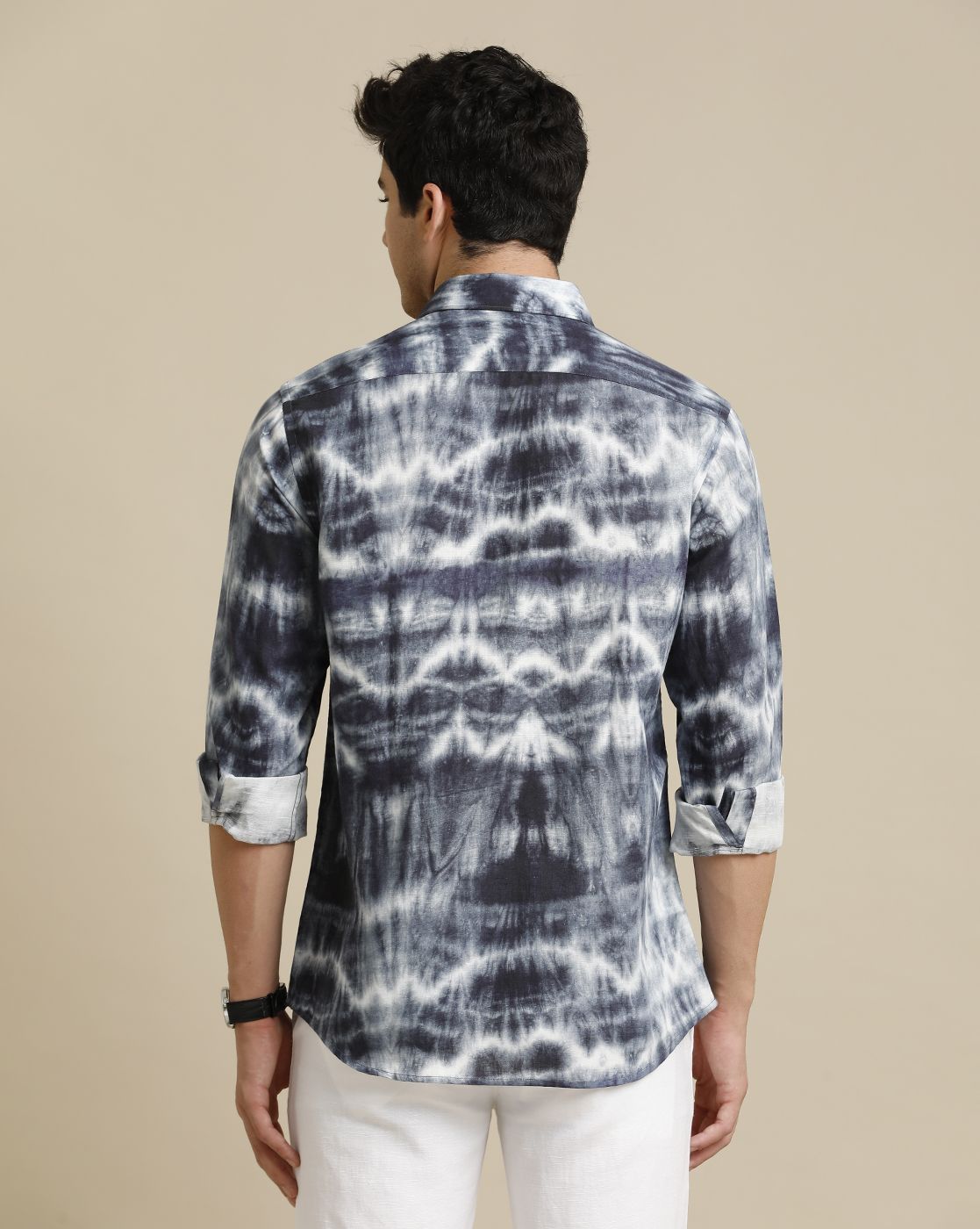 Men's Pure Linen Blue Printed Contemporary Fit Full Sleeve Sleeve Casual Shirt