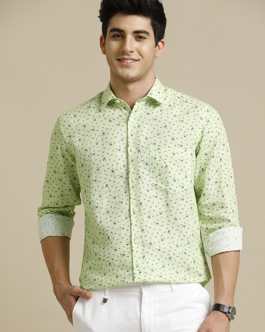 Men's Pure Linen Green Printed Contemporary Fit Full Sleeve Casual Shirt