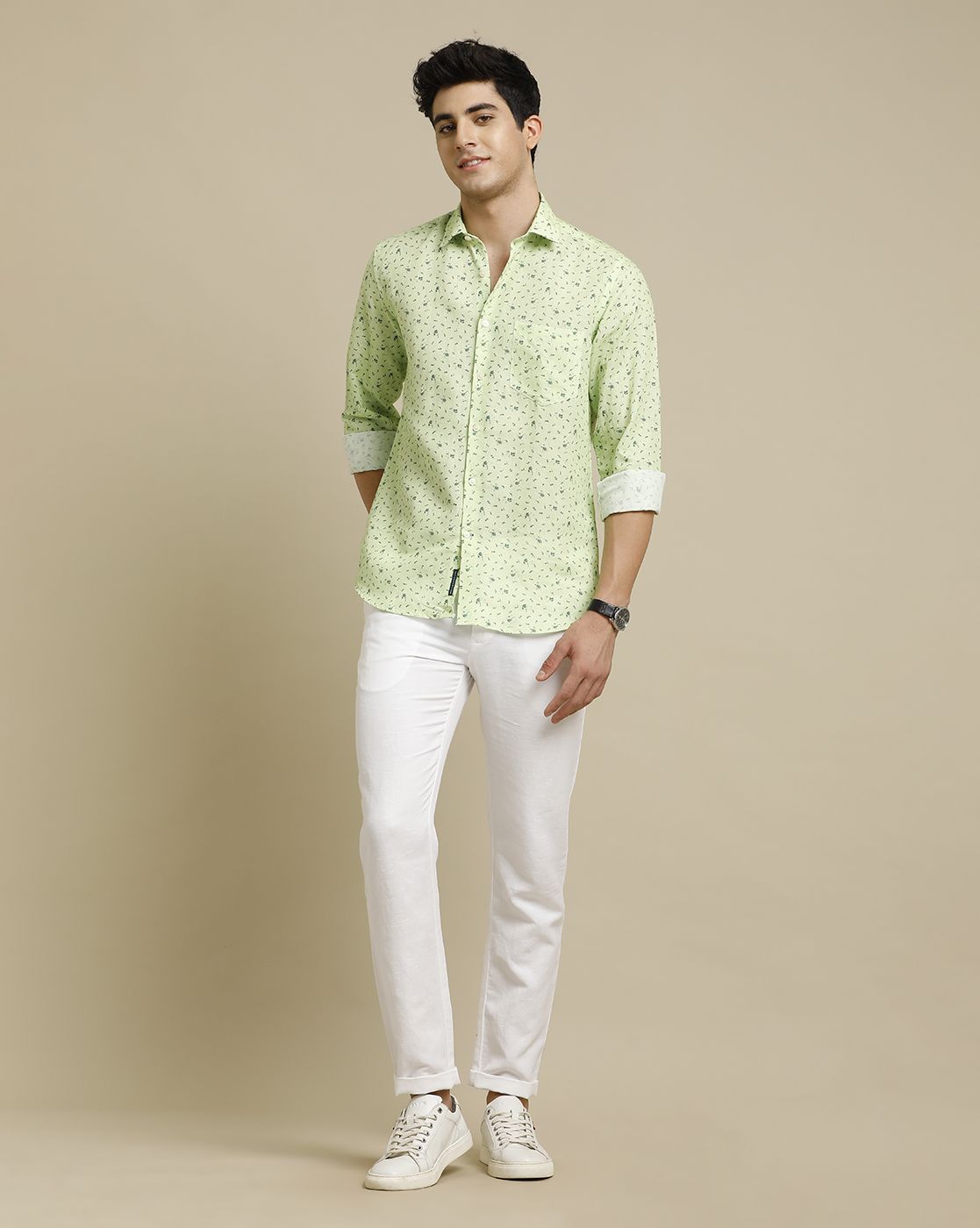 Men's Pure Linen Green Printed Contemporary Fit Full Sleeve Casual Shirt