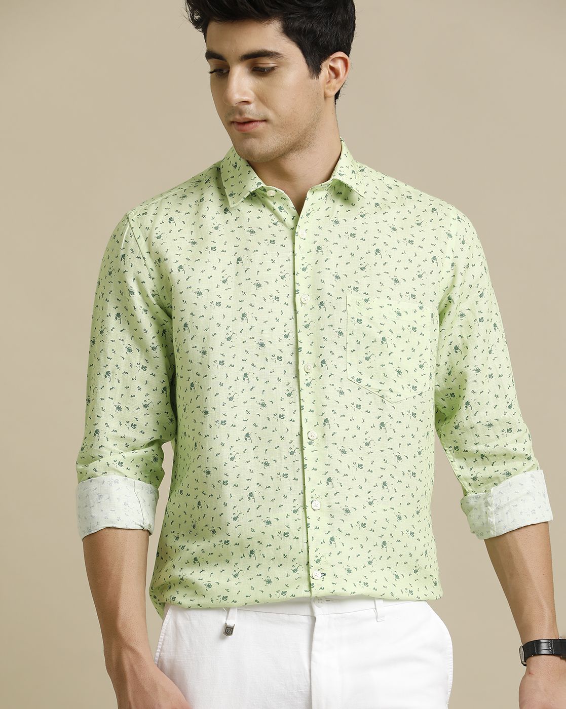 Men's Pure Linen Green Printed Contemporary Fit Full Sleeve Casual Shirt