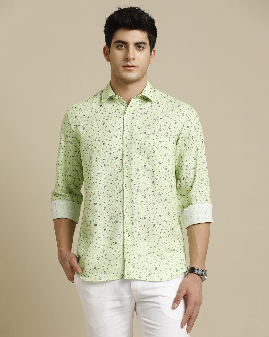 Men's Pure Linen Green Printed Contemporary Fit Full Sleeve Casual Shirt