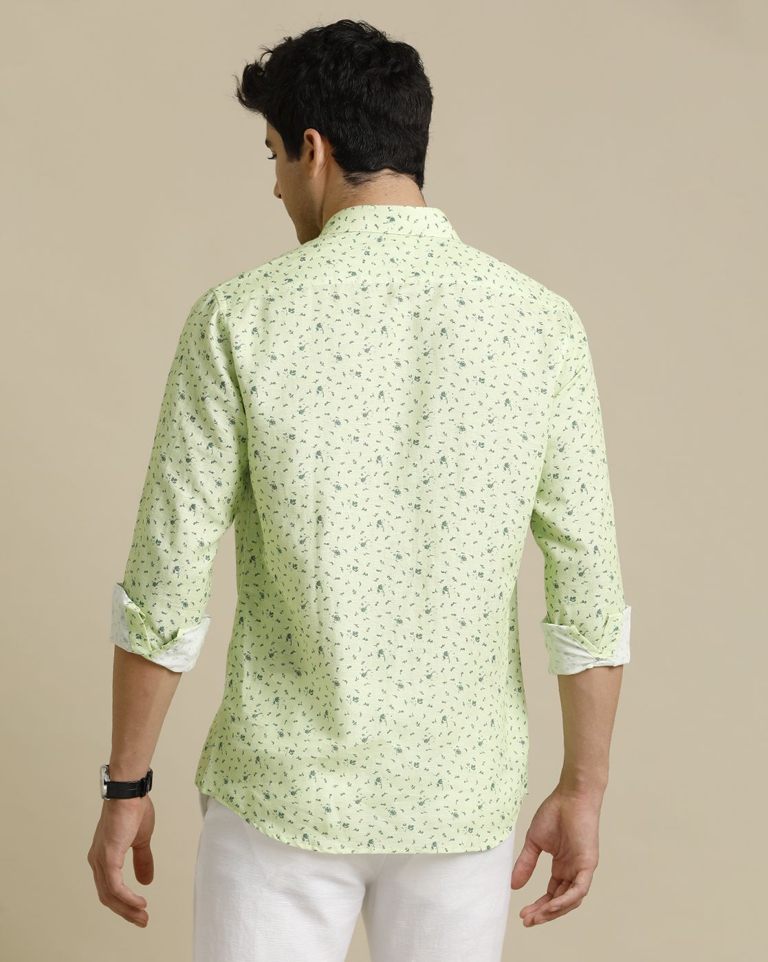 Men's Pure Linen Green Printed Contemporary Fit Full Sleeve Casual Shirt