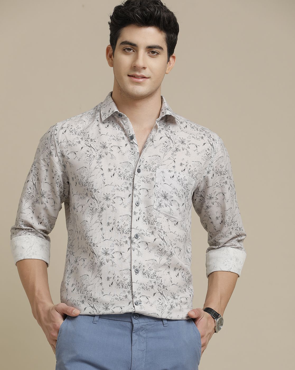 Men's Pure Linen Grey Printed Contemporary Fit Full Sleeve Sleeve Casual Shirt