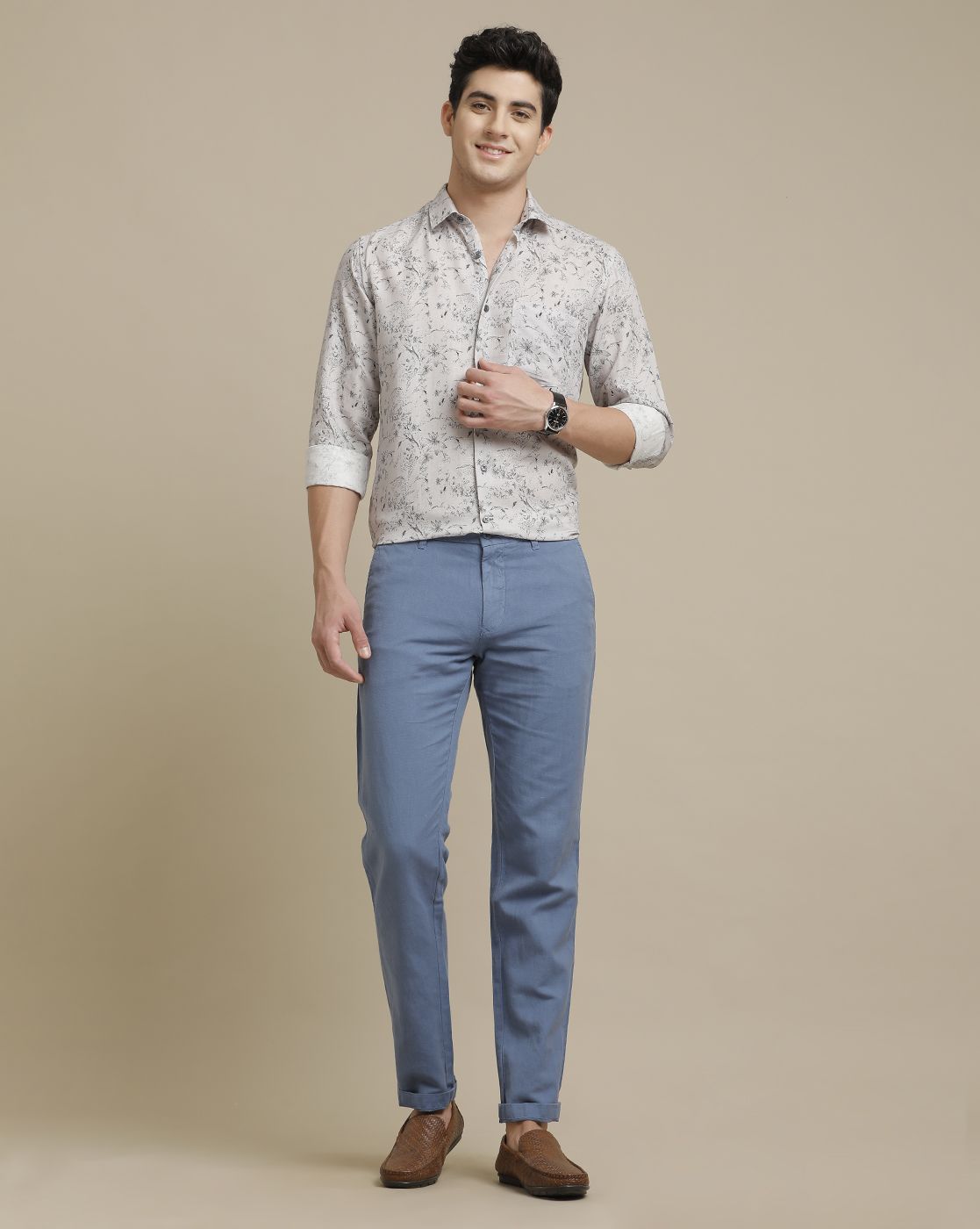 Men's Pure Linen Grey Printed Contemporary Fit Full Sleeve Sleeve Casual Shirt