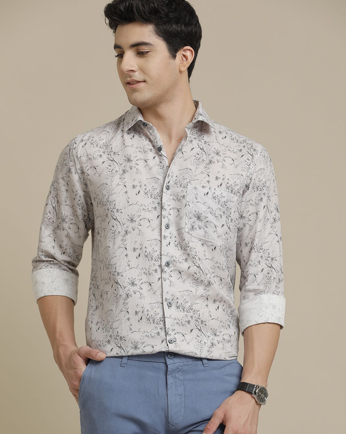 Men's Pure Linen Grey Printed Contemporary Fit Full Sleeve Sleeve Casual Shirt