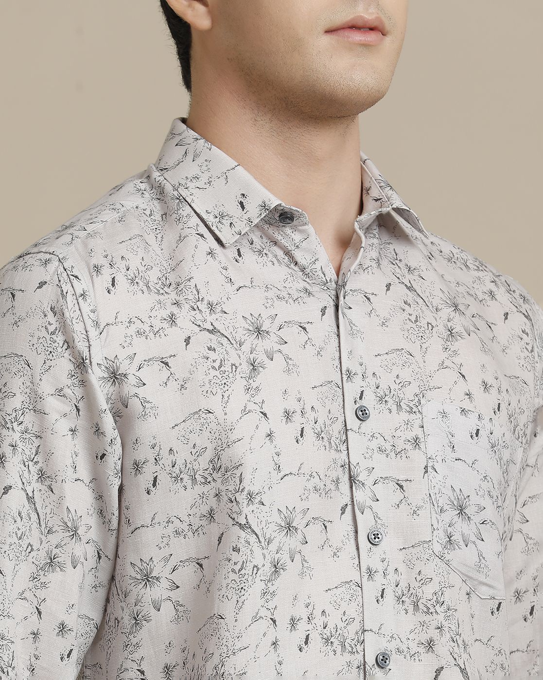 Men's Pure Linen Grey Printed Contemporary Fit Full Sleeve Sleeve Casual Shirt
