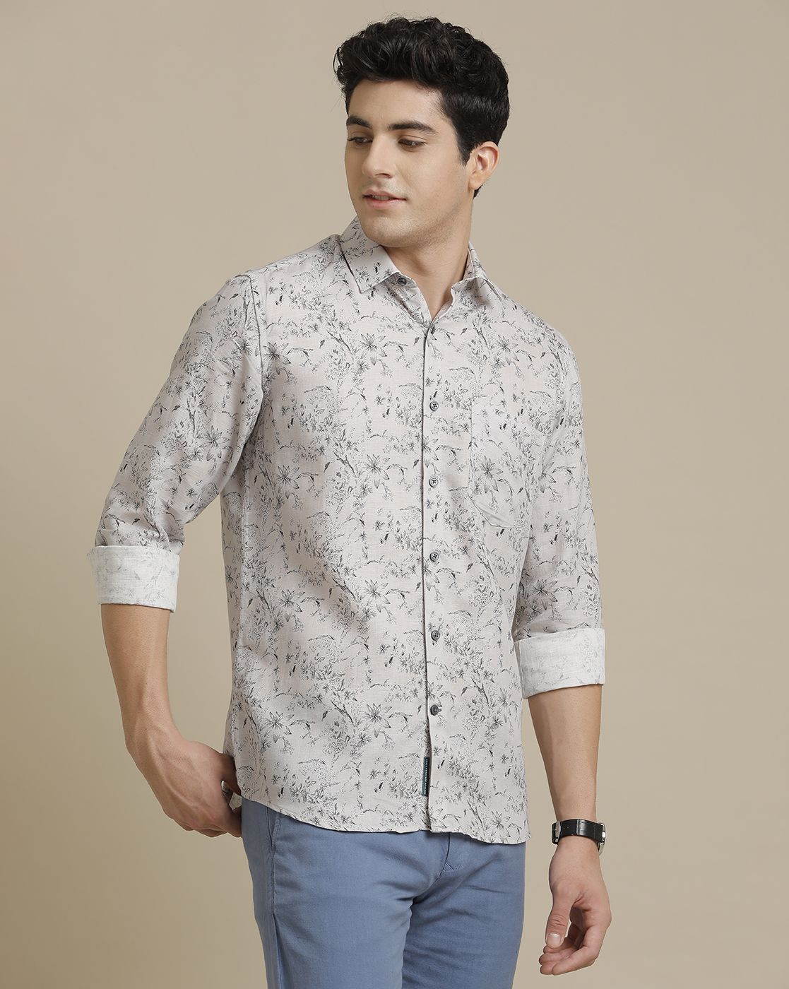 Men's Pure Linen Grey Printed Contemporary Fit Full Sleeve Sleeve Casual Shirt