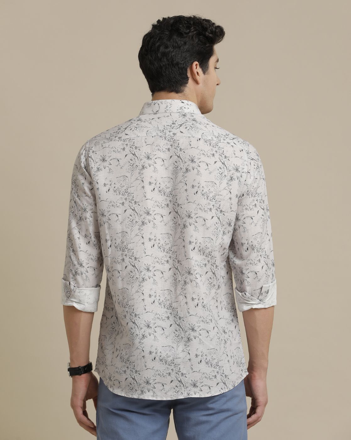 Men's Pure Linen Grey Printed Contemporary Fit Full Sleeve Sleeve Casual Shirt