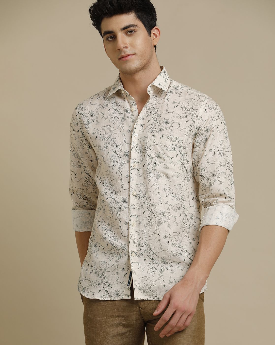 Men's Pure Linen Grey Printed Contemporary Fit Full Sleeve Casual Shirt
