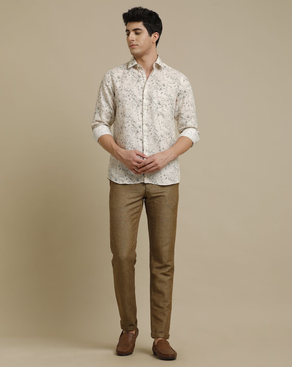 Men's Pure Linen Grey Printed Contemporary Fit Full Sleeve Casual Shirt