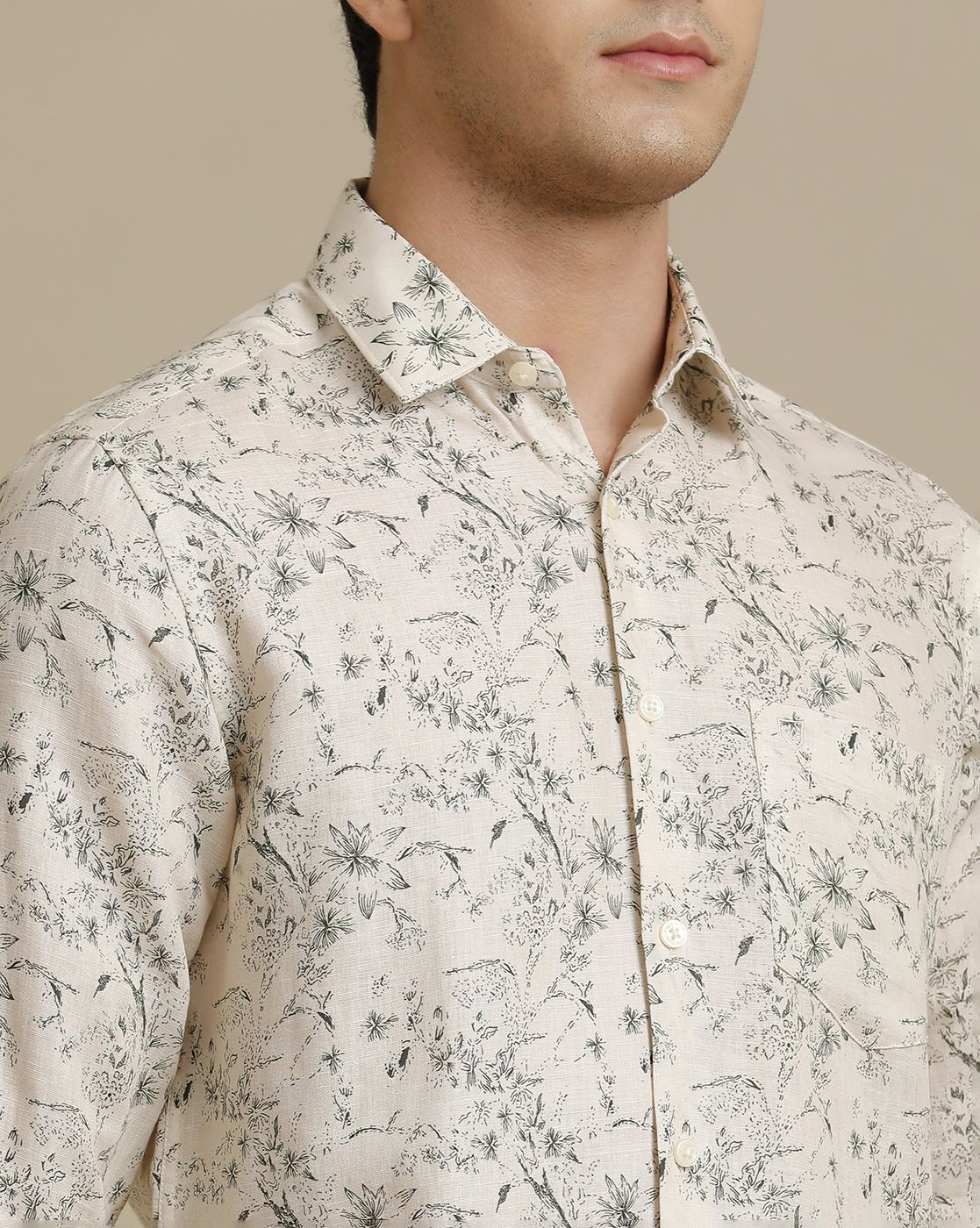 Men's Pure Linen Grey Printed Contemporary Fit Full Sleeve Casual Shirt