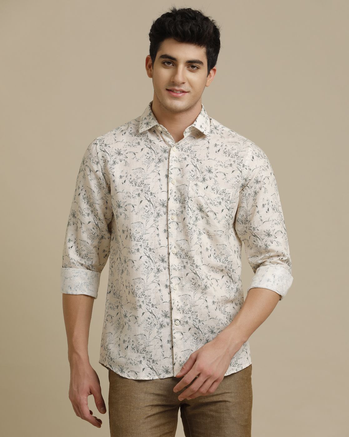 Men's Pure Linen Grey Printed Contemporary Fit Full Sleeve Casual Shirt