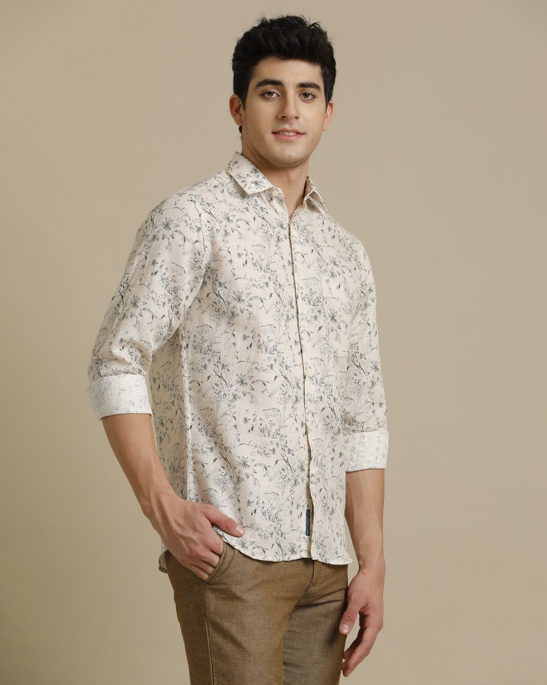 Men's Pure Linen Grey Printed Contemporary Fit Full Sleeve Casual Shirt