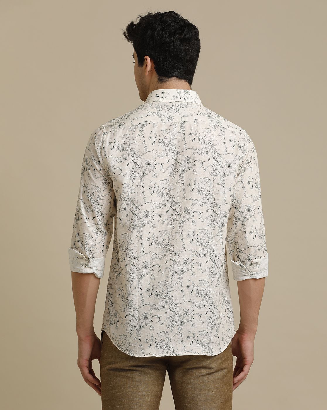Men's Pure Linen Grey Printed Contemporary Fit Full Sleeve Casual Shirt