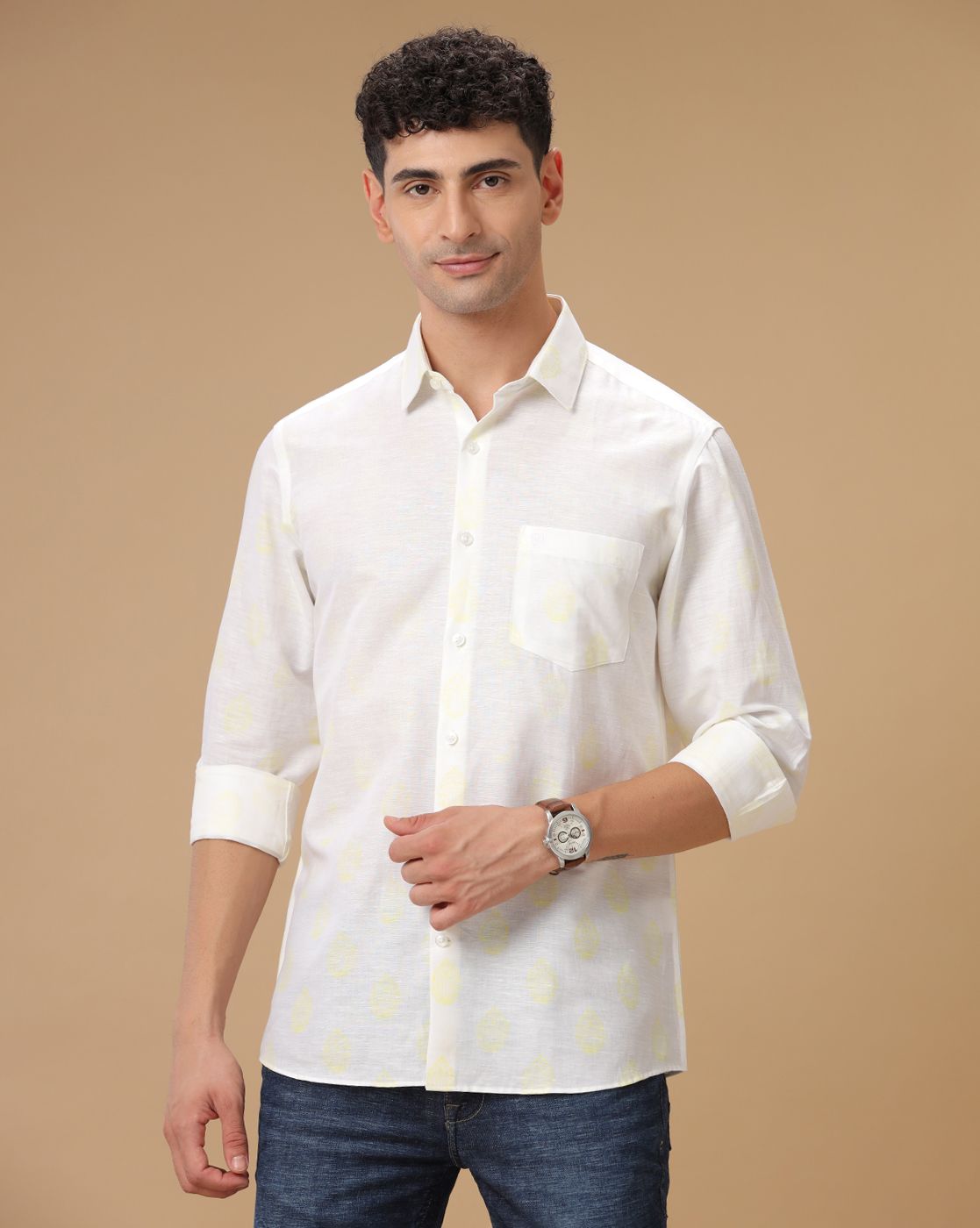 Men's Pure Linen Yellow Printed Contemporary Fit Full Sleeve Casual Shirt