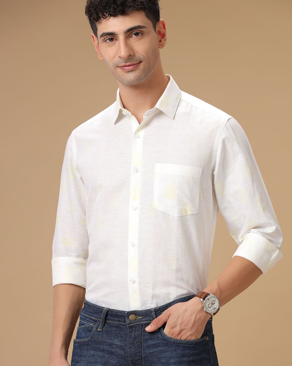 Men's Pure Linen Yellow Printed Contemporary Fit Full Sleeve Casual Shirt