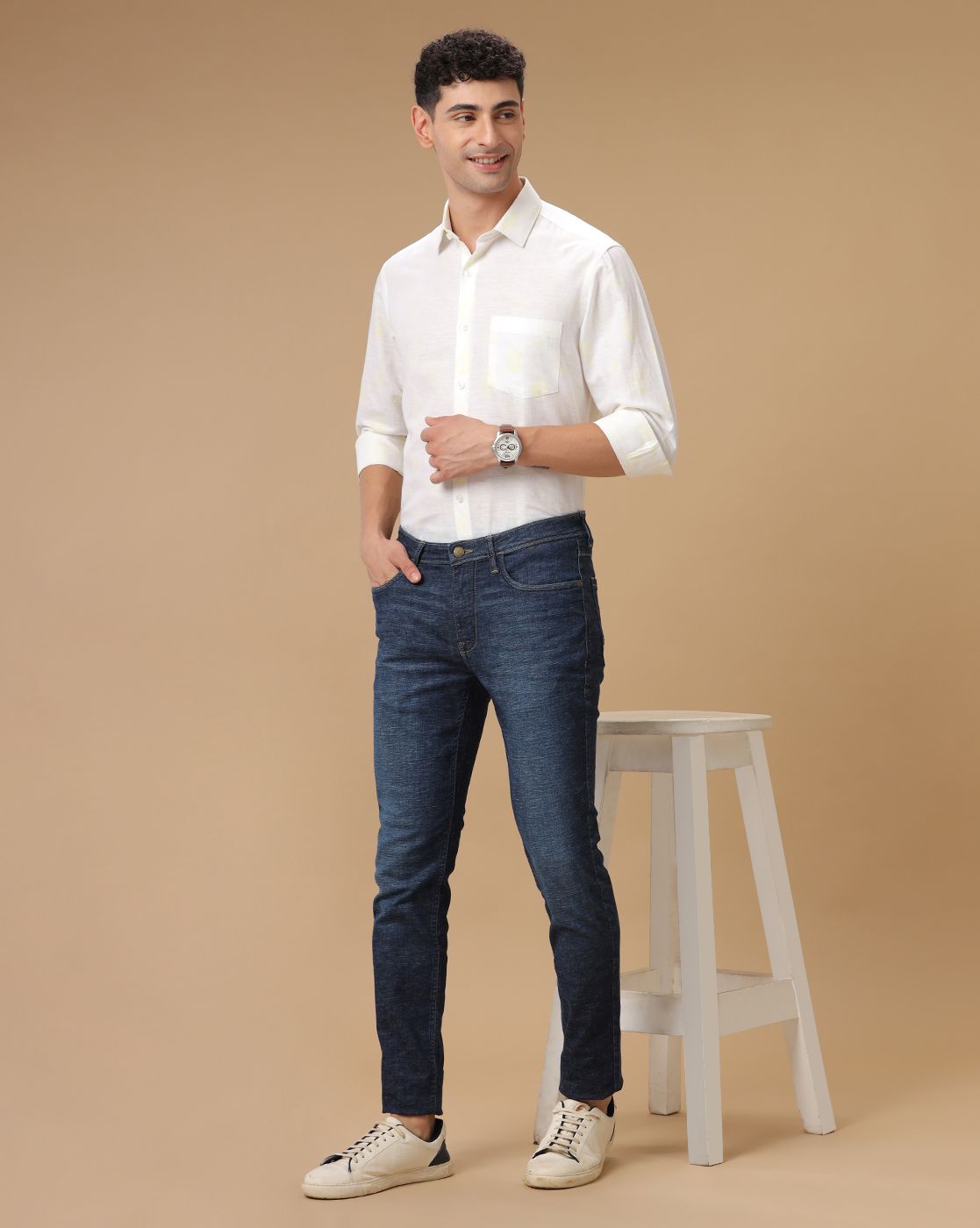 Men's Pure Linen Yellow Printed Contemporary Fit Full Sleeve Casual Shirt
