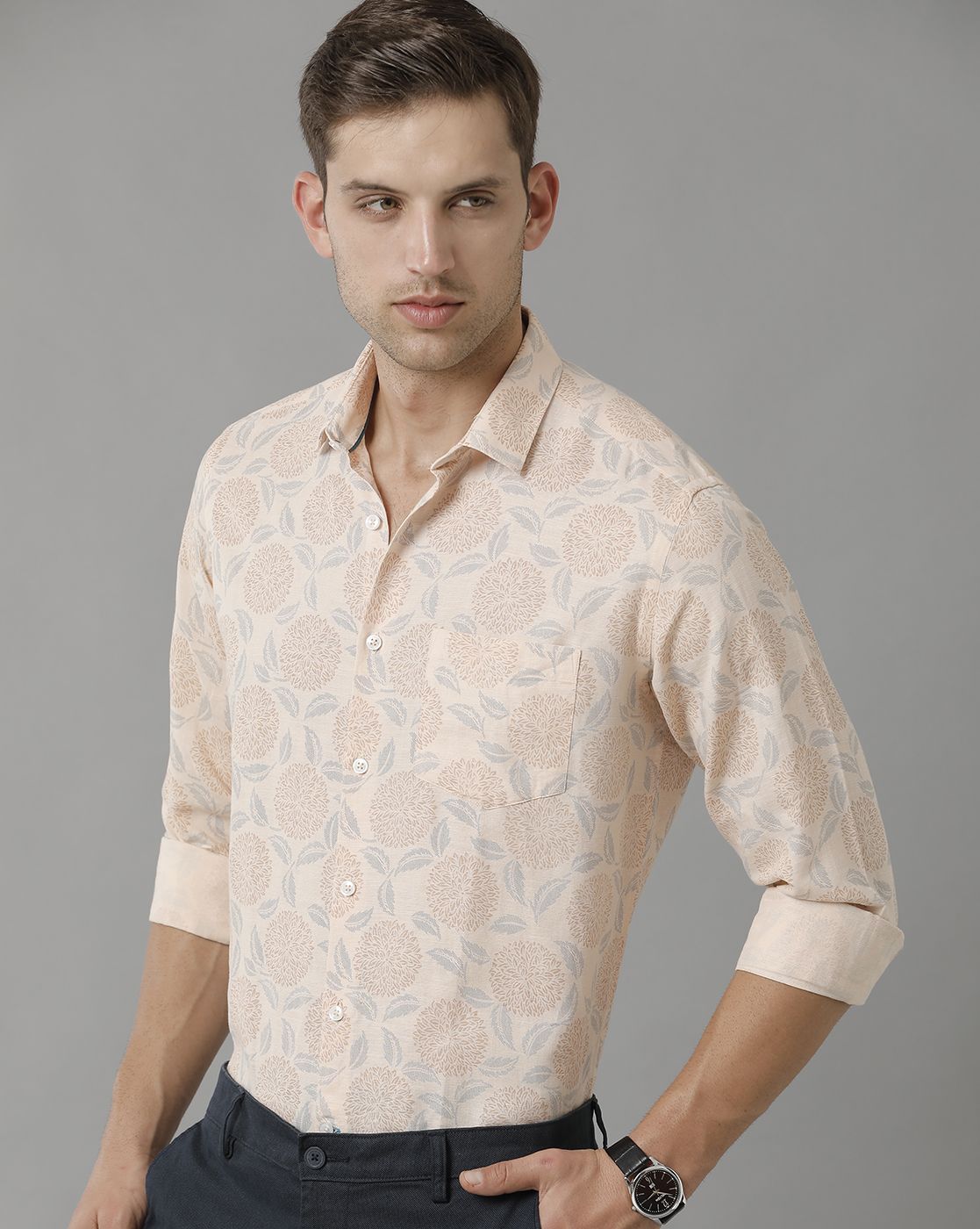 Men's Linen Rich Peach Printed Contemporary Fit Full Sleeve Sleeve Casual Shirt