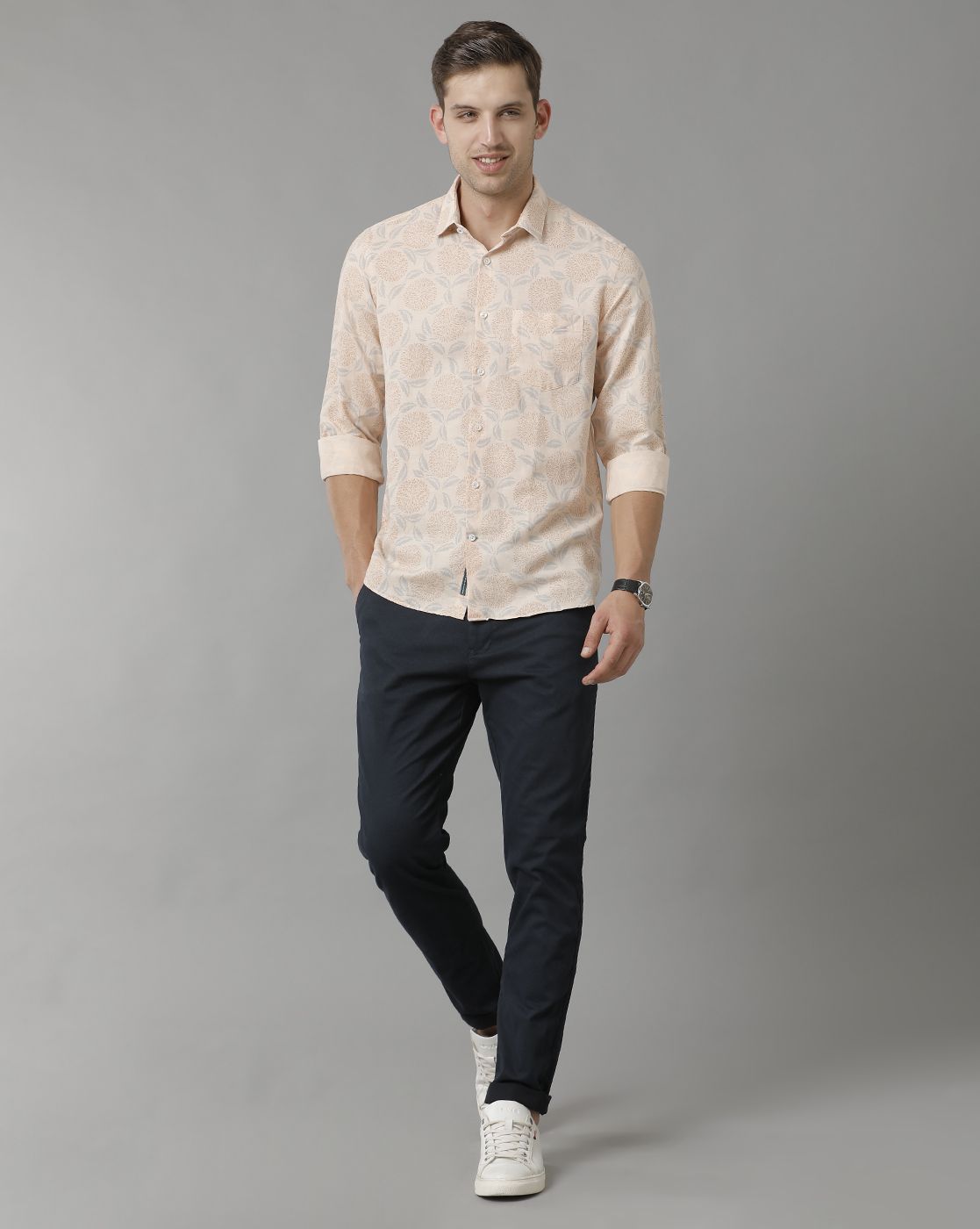 Men's Linen Rich Peach Printed Contemporary Fit Full Sleeve Sleeve Casual Shirt