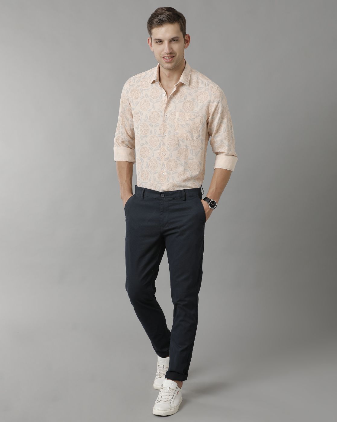 Men's Linen Rich Peach Printed Contemporary Fit Full Sleeve Sleeve Casual Shirt