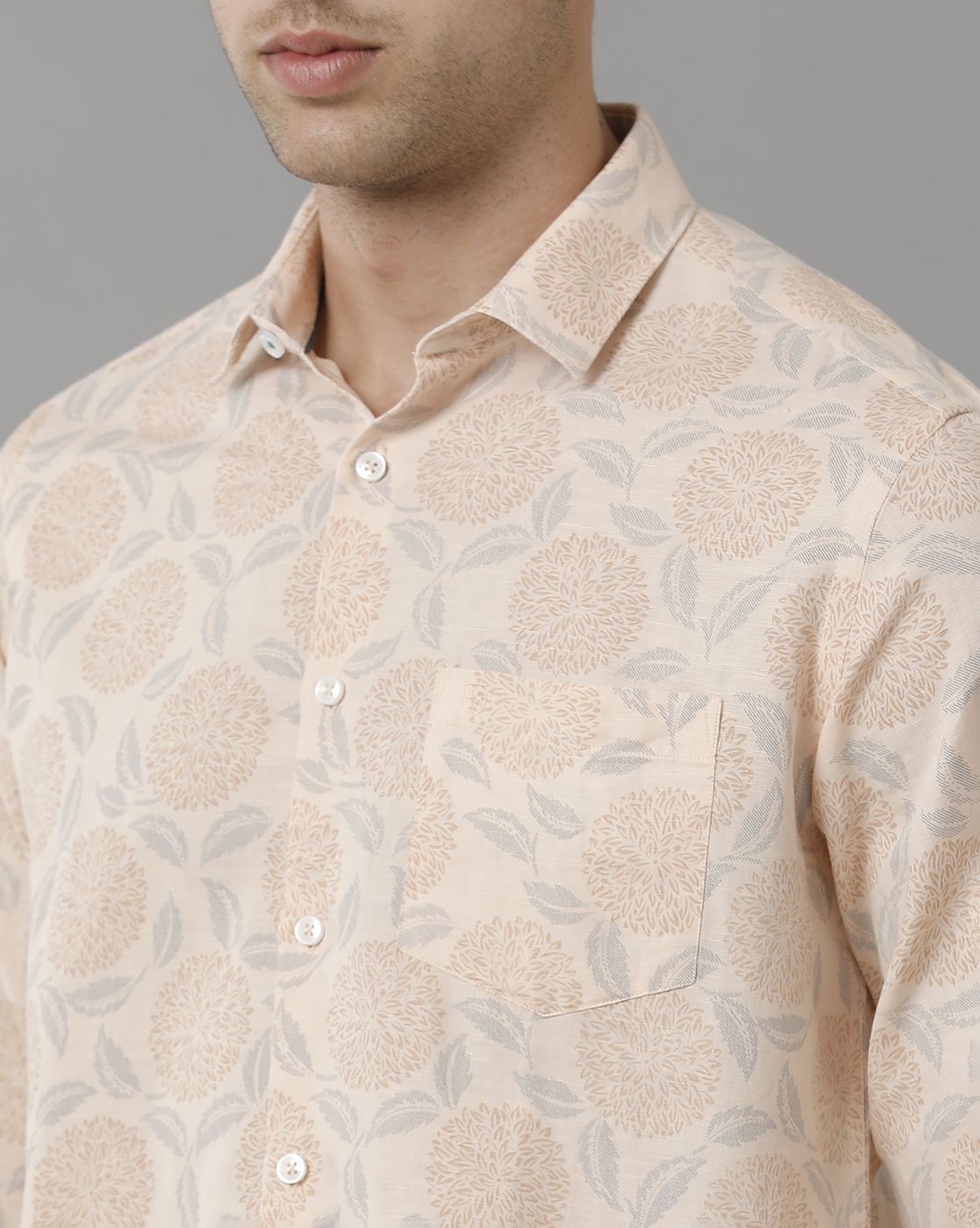Men's Linen Rich Peach Printed Contemporary Fit Full Sleeve Sleeve Casual Shirt