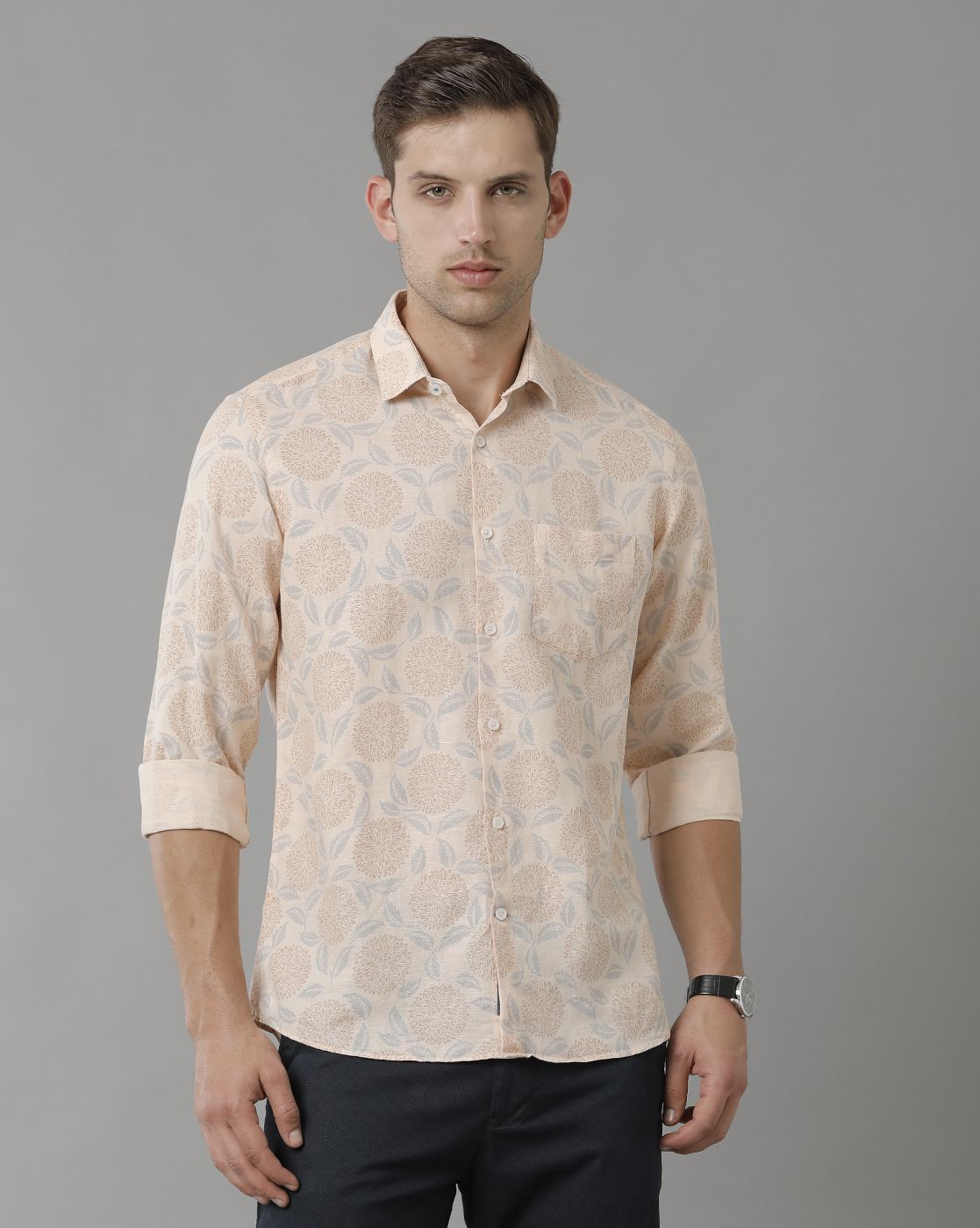 Men's Linen Rich Peach Printed Contemporary Fit Full Sleeve Sleeve Casual Shirt